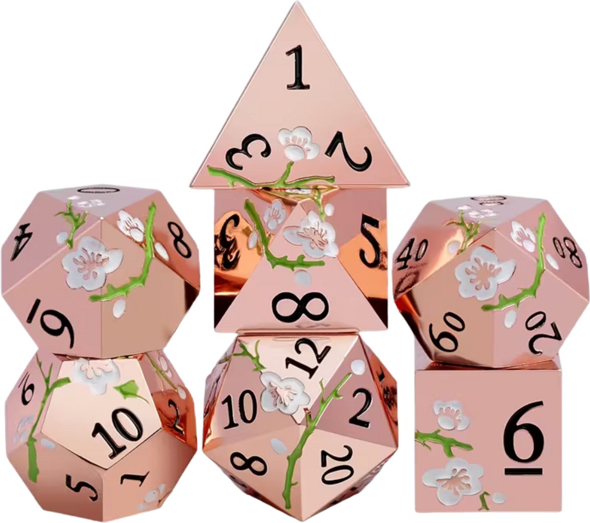 Joya Dice® Dungeons and Dragons Dobbelsteen set | Polydice DnD Dobbelstenen Set | D&D Dice set | Metal dice 7 stuks set | Incl Luxe Opbergdoos | Metalen Dobbelstenen Rose Goud met Sakura Bloesem